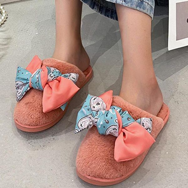 

slippers women's fashion print bowknot hairy baotou solid flat cotton indoor bedroom non-slip warm plush shoes, Black