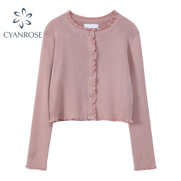 

ruffle design solid knitwear for women o neck long sleeve korean style cardigan single breasted relax ulzzang knitted 210430, White