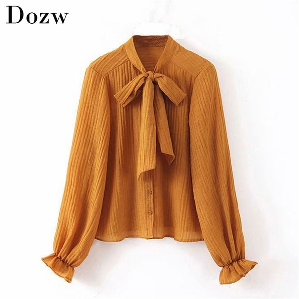 

elegant bow tie women blouse spring autumn long sleeve solid ladies shirts blouses casual female office blusa 210515, White