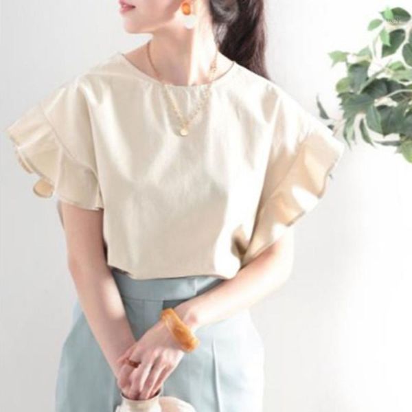 

women's blouses & shirts 2021 summer korean fashion simplicity solid color ruffle casual blouse round neck loose japanese style tempera, White