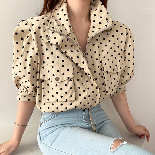 

women's jackets korean summer french retro lapel contrast color polka dot double pocket zipper drawstring loose lantern sleeve jacket, Black;brown
