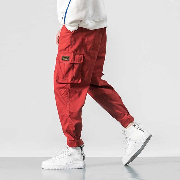 

men's pants cotton men multi-pocket elastic waist design harem pant street punk hip hop red casual trousers joggers male army cargo ixf, Black