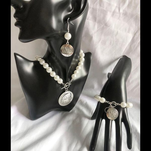 

earrings & necklace hand made greek sorority dst logo fashion classic stainless steel pearl set, Silver