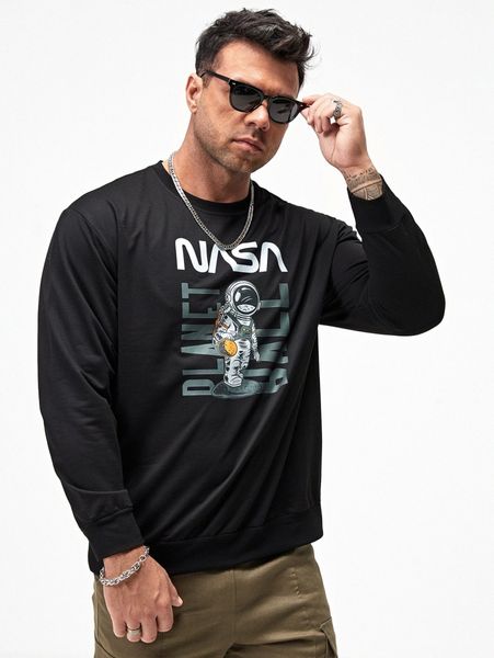 

extended sizes men letter and astronaut print sweatshirt 34m6#, Black