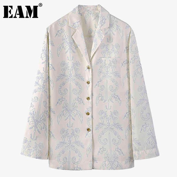 

[eam] women white pattern printed big size blouse lapel long sleeve loose fit shirt fashion spring autumn 1dd6931 21512