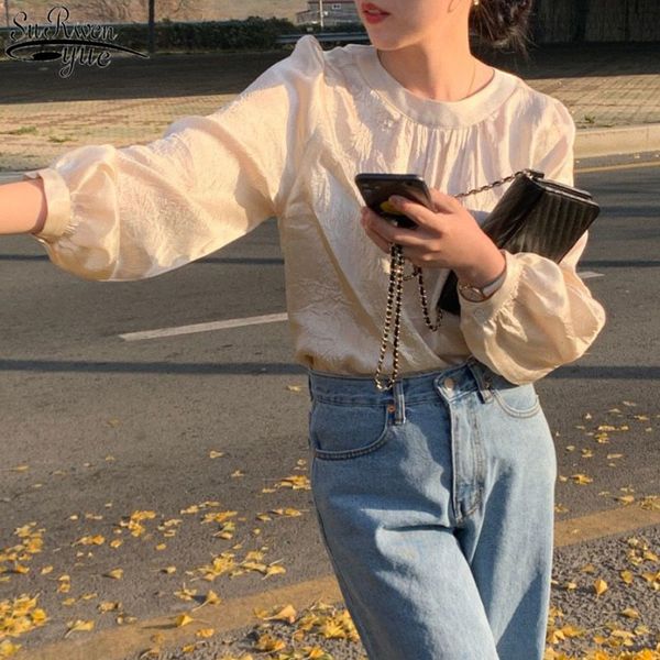 

vintage elegant round neck joker shiny pleated women shirt long sleeve apricot color blouse fashion blouses 12636 210427, White
