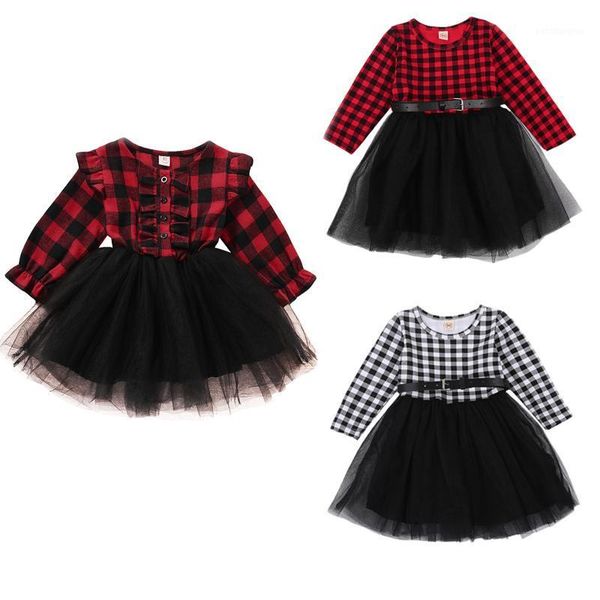 

girl's dresses 1-6y christmas kids girls lace tutu dress long sleeve plaid print patchwork mini party1, Red;yellow