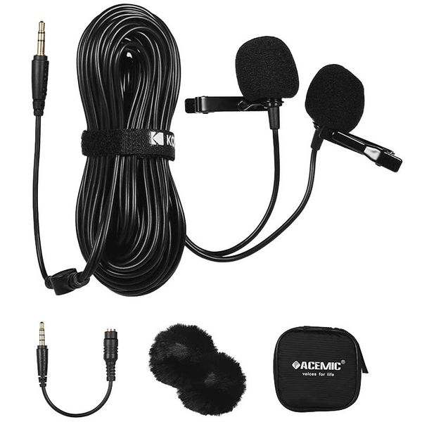 

dual head lavalier microphone lapel clip-on omni-directional condenser with 3.5mm connector for smartphone dslr pc ca microphones