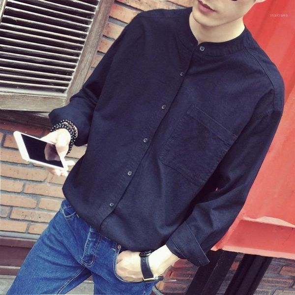 

men's shirt spring summer solid slim fit neck long sleeve linen casual shirts, White;black
