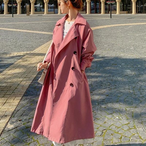 

women's trench coats [ewq] 2021 autumn windbreaker mid-length lapel long sleeve fashion belt pocket solid color overcoat women qb957, Tan;black