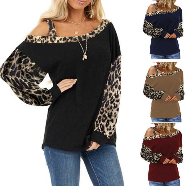 Sexy un hombro sudaderas con capucha mujer Otoño Invierno Skew cuello manga larga leopardo Patchwork suelta pulóver con capucha Tops 210526