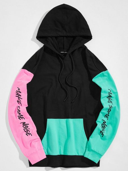 

men slogan graphic color block drawstring hoodie 353o#, Black