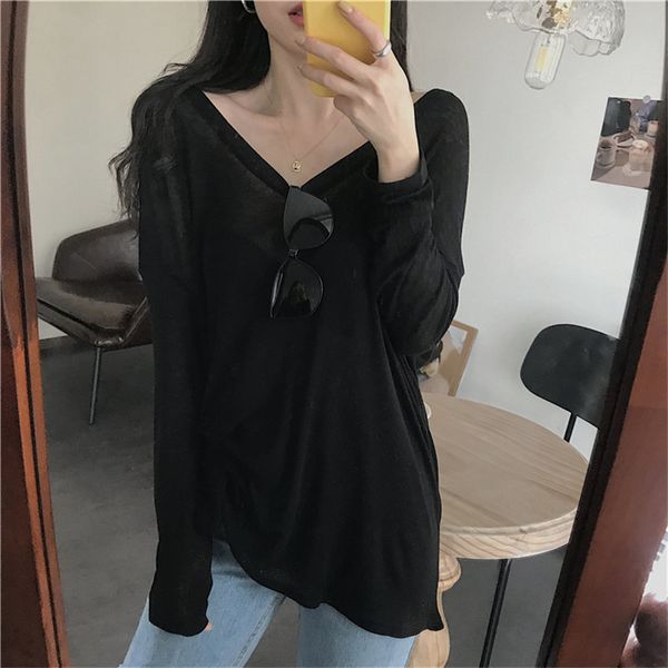 

knits slim v-neck lazy style women ol girls tee loose basic solid thin all match full sleeves brief t-shirts, White