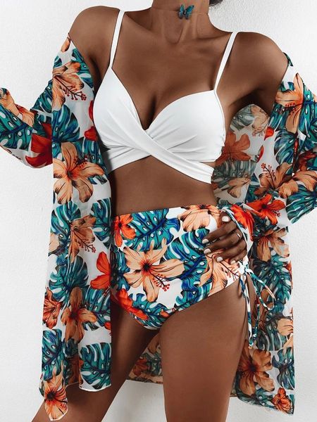 

one-piece suits 2021 three pieces bikini set cover up swimwear women swimsuit print long sleeve bathing suit beachwear swimming biquini