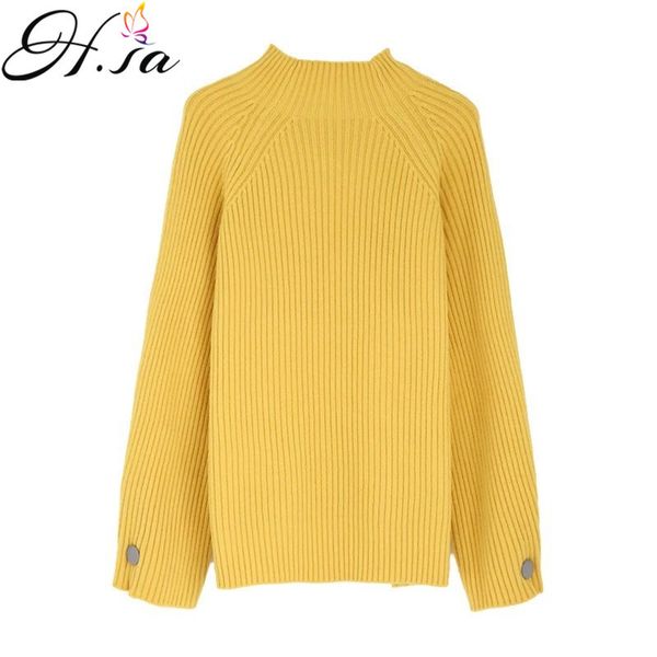H.SA Mulheres Sweter Sweter Half Turtleneck Jumpers Botão Up Branco Malha Pullover e Suéteres Candy Color Yellow Sweater 210417
