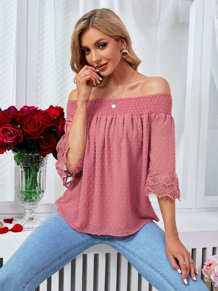 

swiss dot off shoulder shirred flounce sleeve chiffon blouse a4er#, White