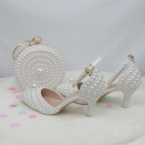 

dress shoes white beads big pearl wedding shoes bride pointed toe party dress high heels and bag set thin heel ankle strap 5760, Black