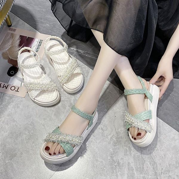 

sandals roman style fashion women pearl elegant platform flat solid color beach shoes elastic open toe shoe summer cute outdoor, Black