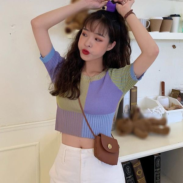 

women's pullover fashion round neck colorblock short sleeve knitted summer beach wear slim crop t-shirt sweaters, White;black