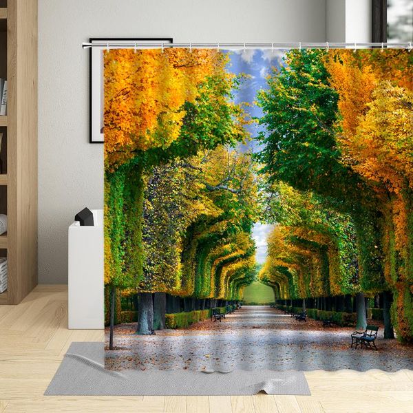

shower curtains autumn forest street woods mountain water stone waterfall scenery pattern bathroom polyester cloth curtain sets