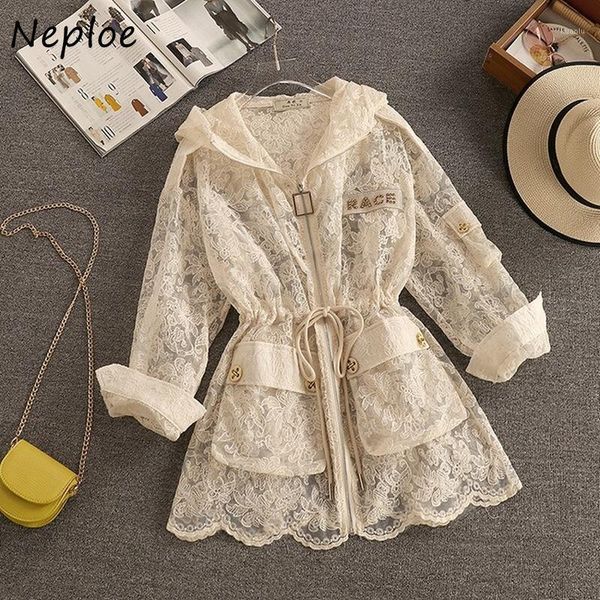

women's jackets neploe sun-protection women coats summer 2021 zipper loose mid-length female shirts embroidery mesh lace slim waist, Black;brown