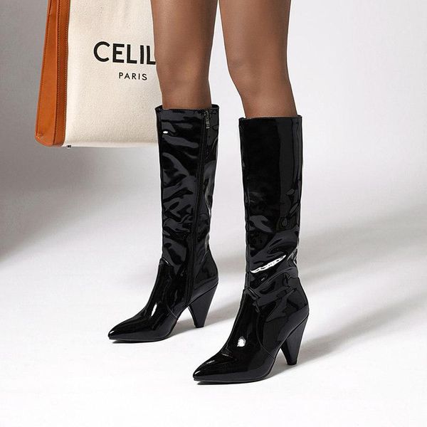 

boots 2021 fashion knee high women pu leather spike heels long pointed toe zipper autumn winter ladies shoes, Black