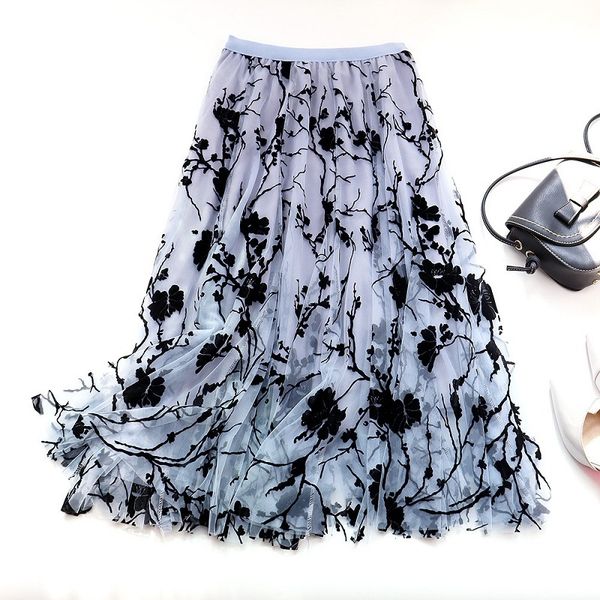 

vintage flower mesh skirt womens high waist a-line pleated umbrella spring autumn elegant retro midi long female 210420, Black