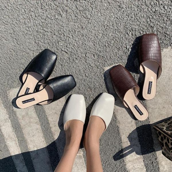 

slippers retro square toe grandma shoes mules solid flats brief casual all match comfy leisure woman slides soft bottom footwear1, Black