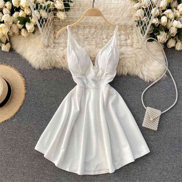 

korean fashion women v-neck sleeveless high waist thin a-line dress clothing vintage vestidos r631 210527, Black;gray
