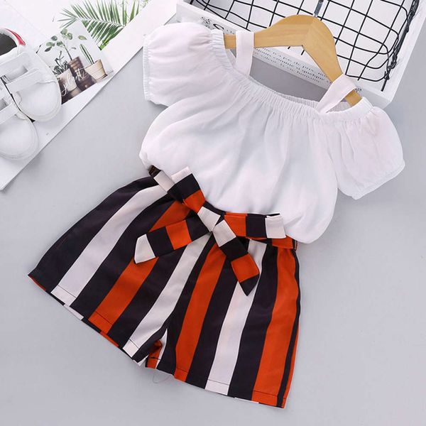 

girls' suit spring and summer children's wear suspender short sleeve striped shorts, White