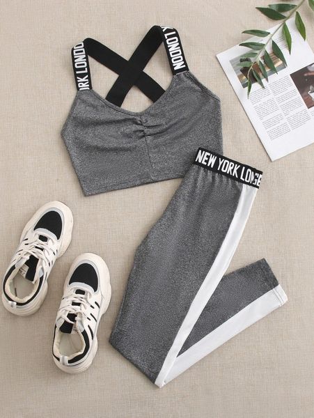 

crisscross ruched & contrast sideseam pants set m8ek#, White