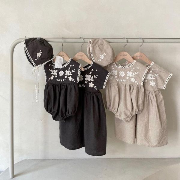 

rompers vintage flower embroidery baby girls romper summer linen cotton sleeveless jumpsuit for toddler children clothing set, Blue