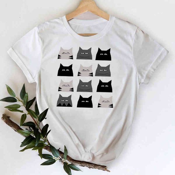 

women's t-shirt t-shirts for women 2021 cat face funny cartoon girl printing 90s spring summer lady print graphic tshirt femal, White
