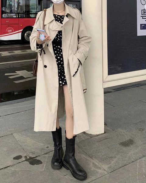

women's trench coats price autumn mid-length coat british, Tan;black