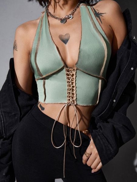 

lace up front stitch trim halter b7w6#, White