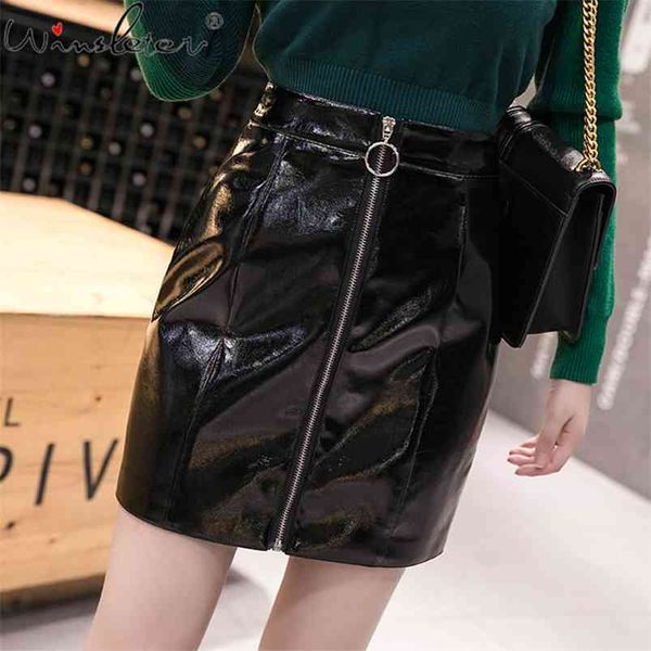 

black pu short skirts women fashion faux leather skirt spring elegant zipper up high waist mini for female ladies b04401b 210421