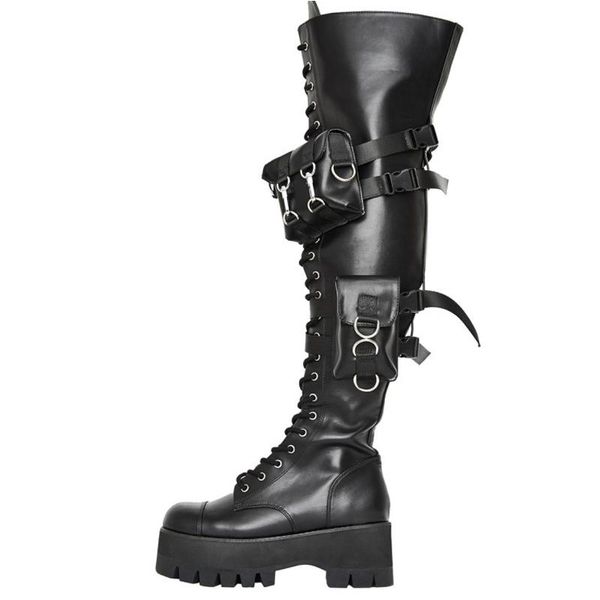 

boots metal decoration buckle pocket over the knee female pants punk style black handmade shoes for women