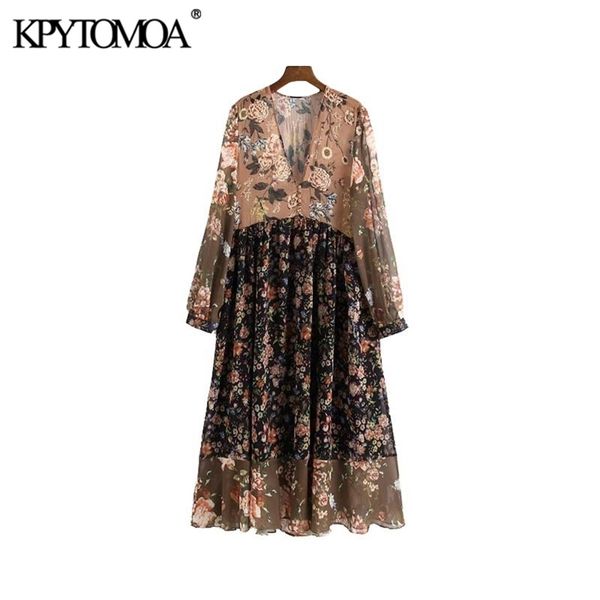 

women chic fashion floral print chiffon midi dress vintage v neck see through sleeves female dresses vestidos mujer 210421, Black;gray