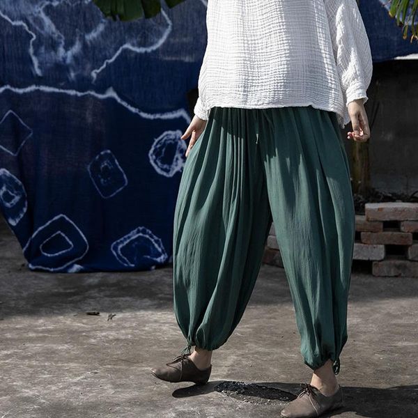

women's pants & capris fairynatural women fold wide leg green cotton 2021 summer soft female casual long retro trouser elastic waist, Black;white