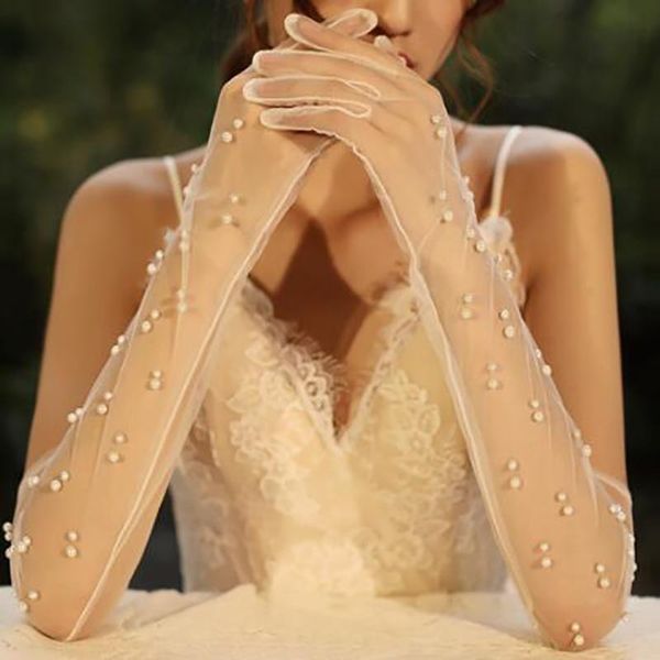 

sports gloves tulle pearl extra long lace mesh semi sheer fingerless white solid sunscreen elegant mittens, Black