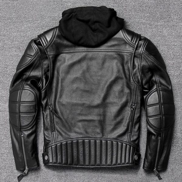 

men's leather & faux black genuine cowhide jacket with hood, motorcycle slim-fit autumn and winter coat plus size