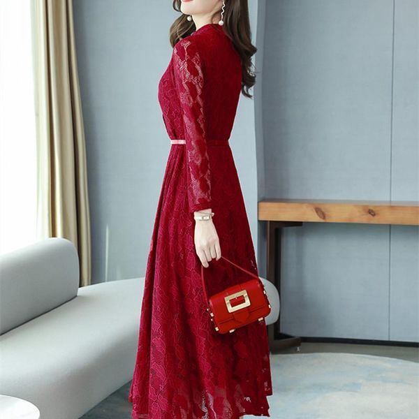 

casual dresses hanzangl women autumn dress 2021 red lace high-end temperament long-sleeved office lady plus size -3xl, Black;gray