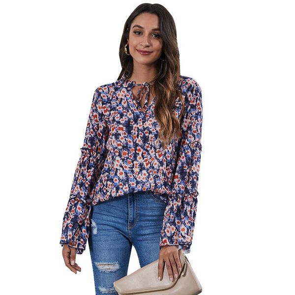 

v-neck tie print flared sleeve loose chiffon shirt women's t-shirt, White