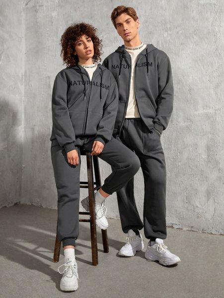 

1pc letter graphic zip up drawstring hoodie & 1pc sweatpants 30me#, Gray