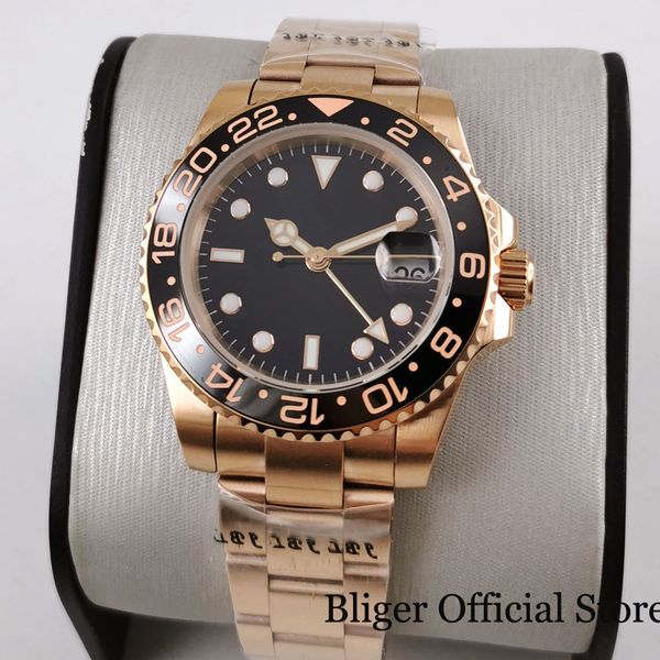 

bliger brand luxury automatic men's watch rose gold coat saffier glass gmt date of, Slivery;brown