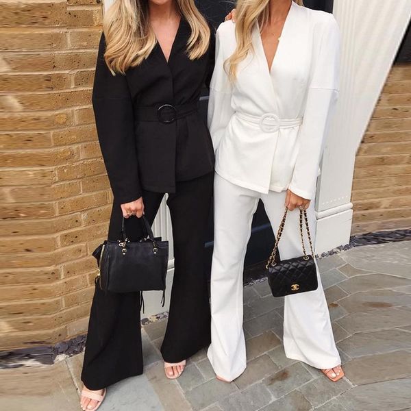 

women's two piece pants fashion long sleeve belt blazer and solid wide leg sets autumn winter casual women set female clothes suits, White