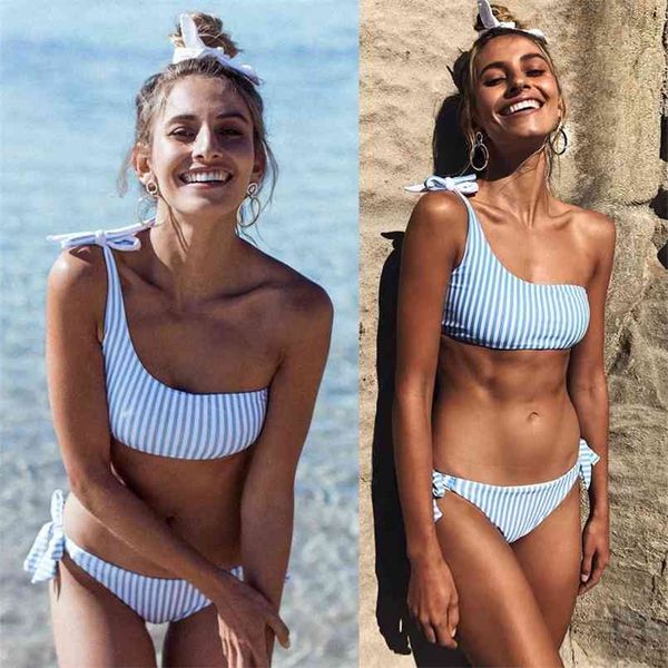 

women swimwear striped bikinis set one shoulder bandage pushed up paded swimsuits real po 210722, White;black