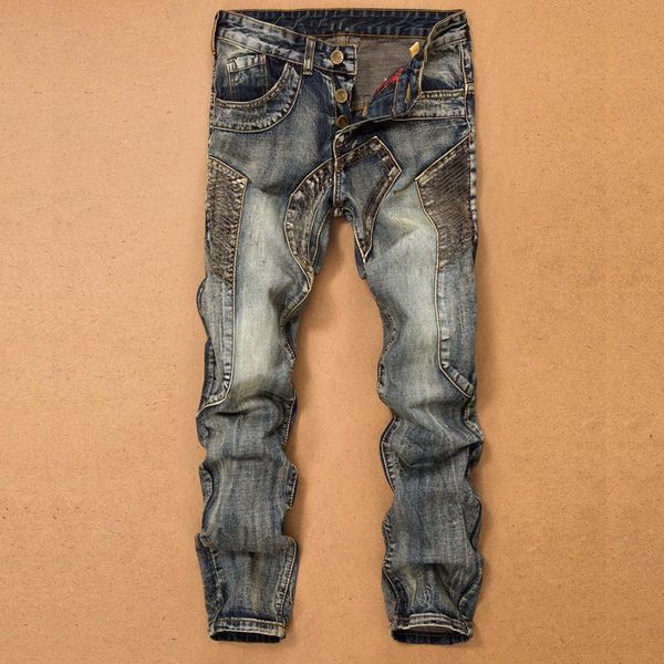 

men's jeans pants splicing jean denim trousers biker male straight casual designer many multi-pocket comfortable, Blue