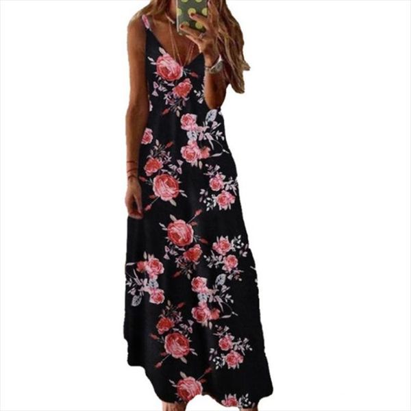 

casual dresses summer elegant beach long dress women print flowers polka-dot strap ladies halter boho vestidos fashion, Black;gray