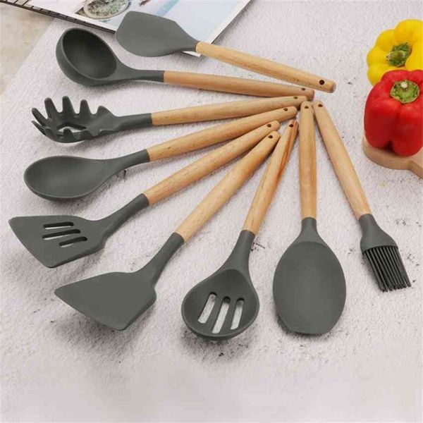 

pot wooden handle spoon non stick silicone spatula 9 pieces set kitchenware